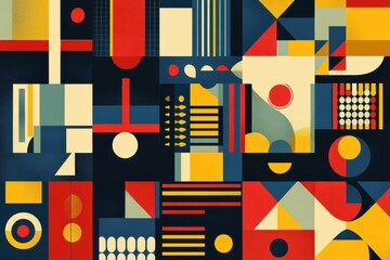 Poster - Bauhaus-influenced abstract geometry backdrops, illustrations with circular, triangular, and quadrilateral shapes. Stylish collections of yellow, blue, red, and green patterned designs