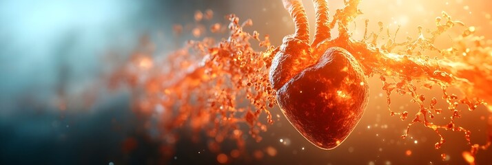 Poster - Fiery heart bursting with intense energy,power,and passion. A conceptual creative digital artwork or design featuring a glowing,molten,and incandescent heart shape or symbol engulfed in flames,sparks.