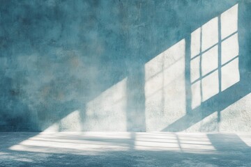 Poster - Elegant minimalist design with a gentle blue background ideal for product displays. Light and shadow interplay from windows on a textured plaster surface