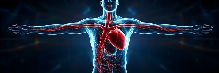 Poster - Futuristic 3D digital showing the human circulatory system with a glowing heart and pulsating veins and arteries.
