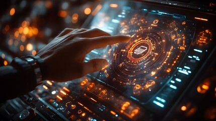 Aufkleber - Futuristic digital holographic interface with a glowing sphere and interactive gesture-based controls. High-tech concept for data visualization,network connectivity,and advanced technology systems.