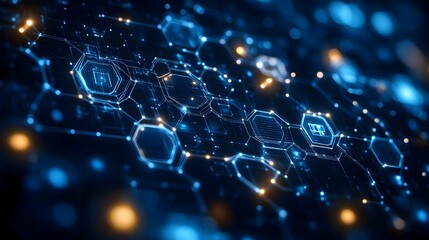Poster - Futuristic digital network visualization with intricate hexagonal circuit patterns and glowing lights,representing the interconnectedness and flow of advanced technology,data,and intelligence.