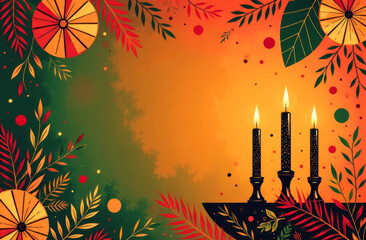  Warm Kwanzaa scene with three black candles in holders, surrounded by green and red foliage, set against a gradient background. The image celebrates African culture, unity, and tradition