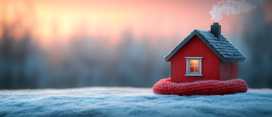 A red house with a chimney and a red blanket on the ground. The house is surrounded by snow and the blanket is on the ground next to it