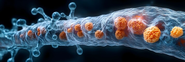 Poster - Microscopic rendering of a complex molecular structure,highlighting the intricate details and patterns at the nanoscale level. This image represents the cutting-edge research in nanotechnology.