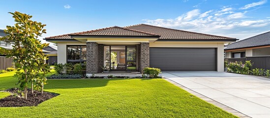 New suburban home with terracotta roofing and a freshly installed lawn.