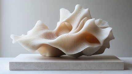 Poster - A swirling, organic shape pedestal, like a wave, placed in front of a clean white background.