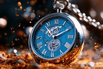 A classic pocket watch with a blue face, intricate gears visible, and Roman numerals, set against a sparkling background for a timeless feel and elegant aesthetic.