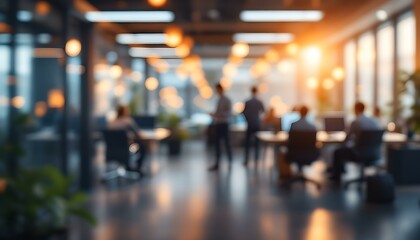 Abstract blurred interior modern office space with business people working banner background. abstract blurred background with a businessman working in a modern office space.