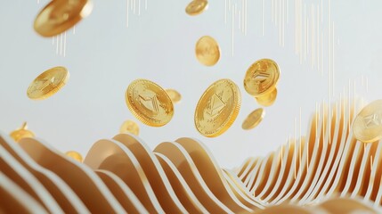 Poster - 3D Render of Tumbling Gold Coins in Abstract Scene