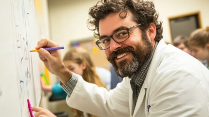 Poster - A bearded man in a white coat smiles as he writes on a whiteboard with a purple marker.