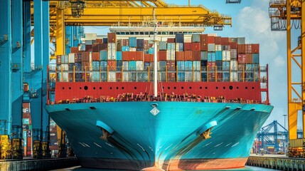 Poster - Cargo Ship Docked at a Port with Container Cranes