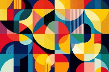 Poster - Stylish abstract backdrop featuring geometric patterns, showcasing bright hues of yellow, blue, red, and green in a modern art collection. Innovative optical designs with contemporary flair