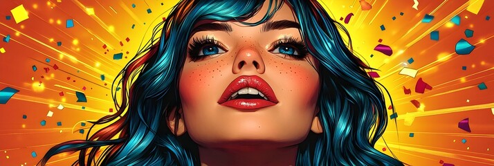 Poster - Vibrant Digital of Alluring Female Face with Dramatic Makeup and Hair in Fantasy,Surreal,and Pop Art Style