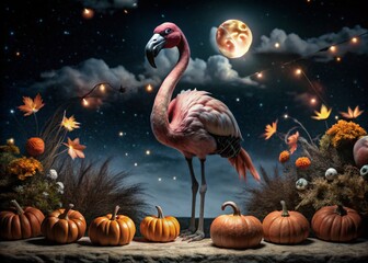 Vibrant Halloween Party Poster with Flamingo and Jack-o-Lanterns for Festive Celebrations