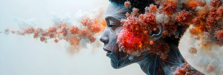 Poster - Visionary Floral Portrait - Surreal digital artwork depicting an imaginative,enchanting female face surrounded by vibrant,ethereal flowers and energy. This captivating.
