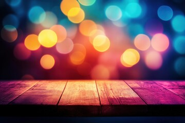 Poster - Wooden table showcasing bright bokeh illumination background