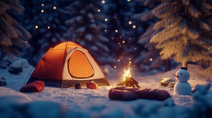 cozy winter camping with a beautiful snowy natural landscape