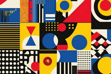 Poster - Modern geometric background, abstract elements featuring circles, triangles, and squares. Stylish bauhaus designs in vibrant yellow, blue, red, and green palette compilation