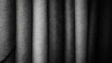 A close up of rolled felt fabric in various shades of grey.