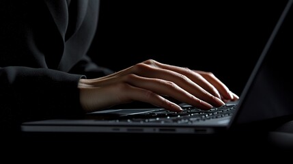 Poster - Elegant Hands Typing on a Laptop in Dim Light