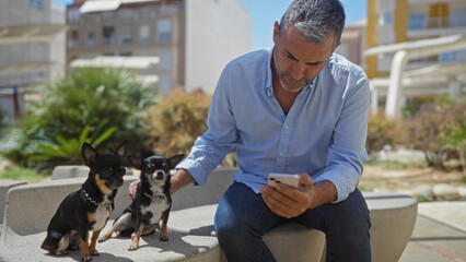 Elderly hispanic man sitting outdoors on a city bench, looking at his phone with two pet chihuahuas beside him.