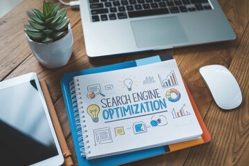 Poster - workspace with seo notebook, laptop, and tablet for digital marketing and optimization strategies