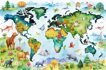  Watercolor World Map with Animals and Nature Elements for Nursery Decor