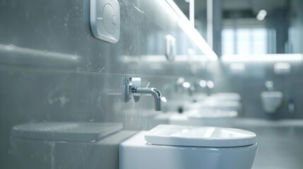 Poster - Clean, modern public restroom with a row of white toilets and urinals, featuring a minimalist design and bright lighting