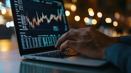 Wall Mural - Person Working on Laptop with Stock Market Data