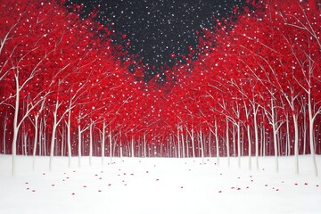 A red and white background with snow and red leaves