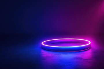 Fototapete - Glowing neon circle in blue and violet tones on a dark background with space for custom text display