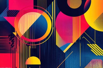 Poster - Stylized geometric illustration background showcasing designs of circles, triangles, and squares. Vibrant patterned backdrops ideal for a series of artistic posters