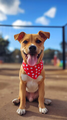 Adorable brown dog wearing a red bandana with white polka dots sitting outdoors on a sunny day, looking happy and with his tongue out.