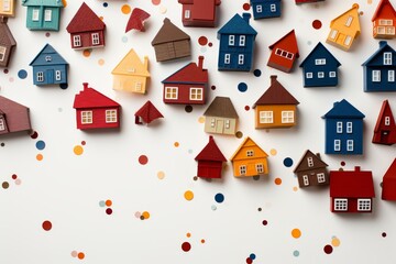 The image illustrates a real estate concept featuring scattered toy houses in various colors and sizes, creating a playful representation of a miniature neighborhood.