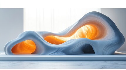 Poster - An abstract art-inspired podium with a fluid, flowing shape, placed in a white room for creative product presentation.