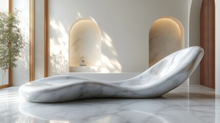 Poster - An abstract art-inspired podium with a fluid, flowing shape, placed in a white room for creative product presentation.