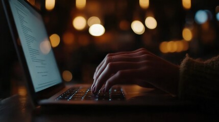 Poster - Person Typing on a Laptop with Blurry Background Lights