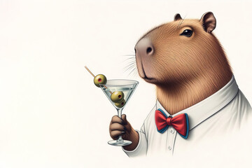 capybara holding a martini glass with three olives on a toothpick. wearing a red and blue bow tie. a whimsical and humorous effect