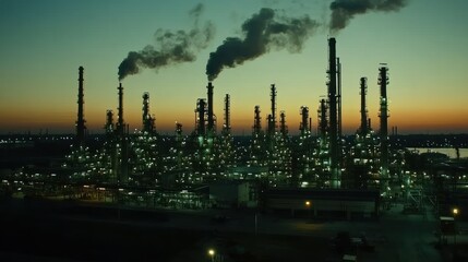 Poster - An Industrial Complex at Dusk with Smoke Plumes and Lights