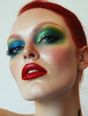 Wall Mural - A model showcases vibrant eye makeup featuring bold green and blue shades paired with striking red lips in a studio setting during daylight