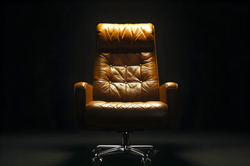 A stylish leather office chair illuminated against a dark background, showcasing its sleek design and comfort.