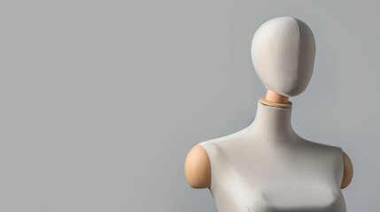 A minimalist mannequin with a smooth, featureless head stands against a neutral background, showcasing a modern design that highlights simplicity and elegance in fashion displays