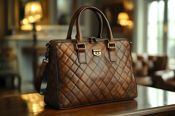 A stylish brown leather handbag with a quilted design, sitting elegantly on a wooden table, showcasing its luxurious appeal.