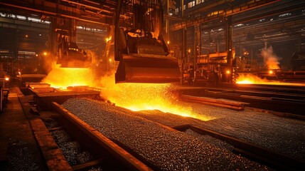 Molten metal being poured into molds in a steel mill during nighttime operations in an industrial setting