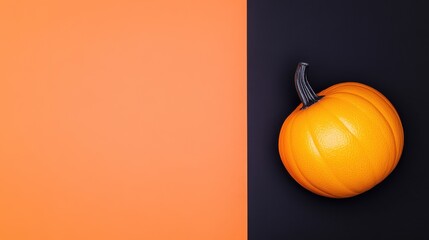 A vibrant orange pumpkin rests on a contrasting black background, symbolizing autumn and Halloween festivities, showcasing seasonal colors and textures