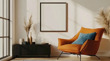 Minimalist living room composition with a mock-up poster frame, orange armchair, blue pillow, black console, candles, and personal accessories