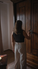 Rear view of a young hispanic woman in casual attire inside a vintage-style room, about to open a wooden door.