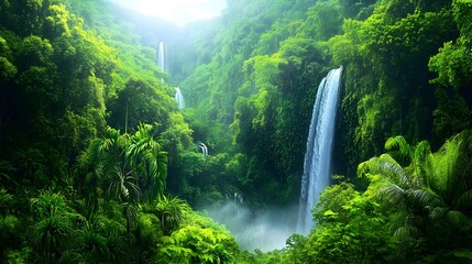 Poster - Immersive 3D Rendered Landscape of a Lush Tropical Jungle Featuring Vibrant Green Foliage Cascading Waterfalls and Mist Rising from the Dense Canopy