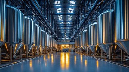 A modern brewery facility with stainless steel fermenters illuminated by warm lights during early evening hours in an industrial setting